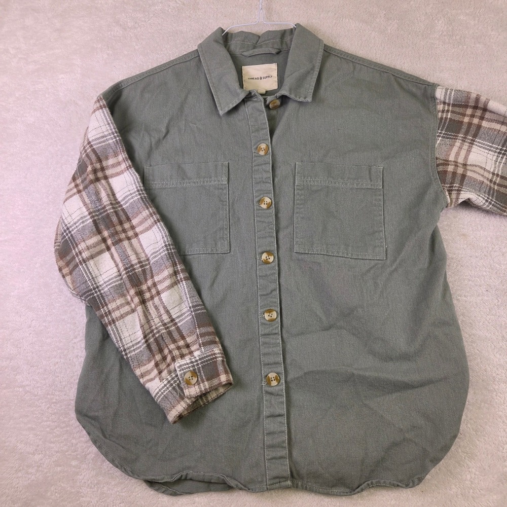 Thread & Supply Womens Sage Green Plaid Contrast Sleeve Button Down Shirt L